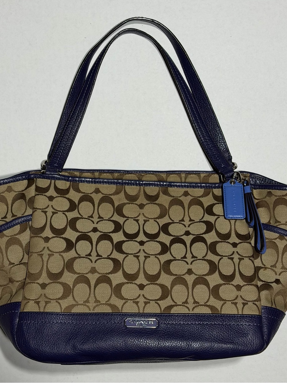 Coach Signature Tote Bag Brown Canvas Navy Leather Trim M1382-F23297